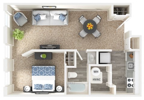 Floor plan for 1 bed, 1 bath, 664 sqft